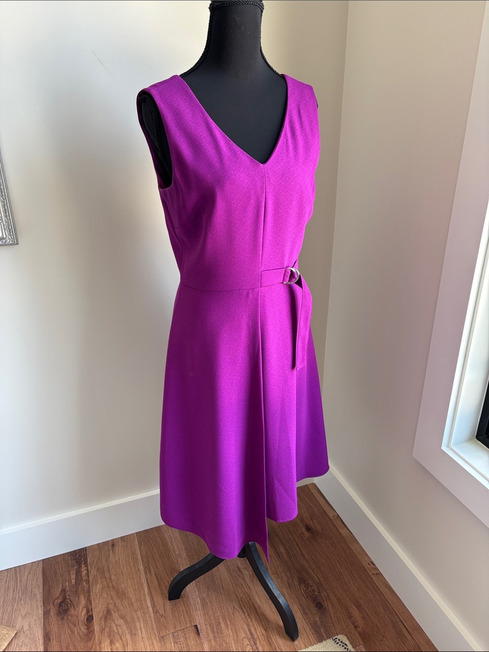 Sleeveless V-Neck Midi Dress in Vibrant Purple with Waist Tie